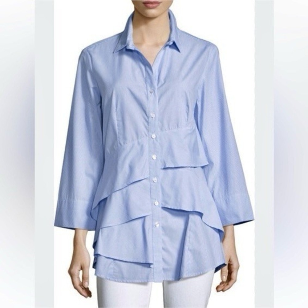 Finley Jenna Tiered Ruffle Tunic Top Womens Sz 2X Blue Striped 3/4 Sleeves